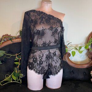 Frederick's of Hollywood Lace Mesh Bodysuit Cutout off Shoulder Size M Black